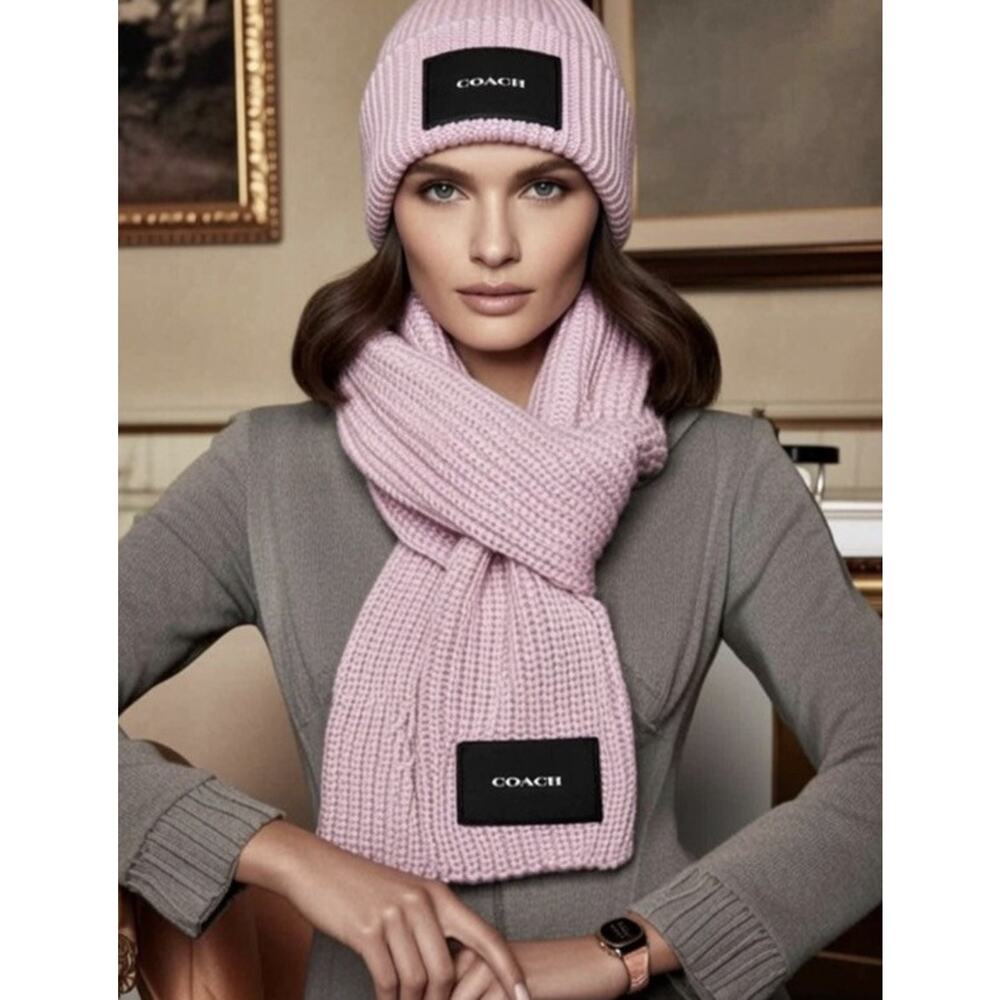 NEW $225 Coach Woven Knit Purple Scarf & Beanie Set New In Box Lavender Hat